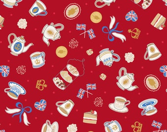 May include: A red background with a repeating pattern of teacups, teapots, crowns, flags, cakes, and other royal-themed imagery.