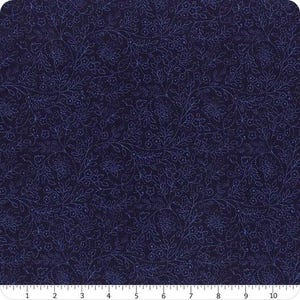 May include: Dark navy blue fabric with a delicate floral pattern. The design features detailed blue vines, leaves, and small flowers. The fabric has a consistent texture and is suitable for various sewing projects.