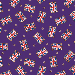 Lewis & Irene Coronation Day Union Jack Flags on Purple with Gold Metallic A763.2