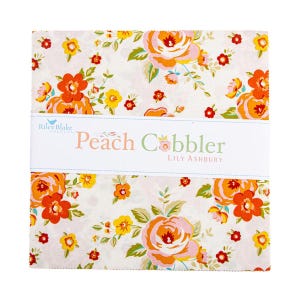 May include: A stack of fabric squares with a floral pattern featuring orange, yellow, and pink roses on a white background. The fabric is wrapped with a white band that reads "Peach Cobbler" and "Lily Ashbury".