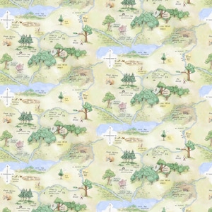 May include: Watercolor map illustration featuring a whimsical forest scene with trees, rivers, and houses. The map includes text labels like "100 Aker Wood" and "Rabbit's House". The color palette is soft, with greens, blues, and yellows.