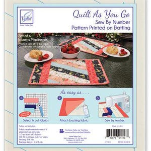 May include: A set of six quilt-as-you-go placemats with a "Quilt As You Go Sew By Number Pattern Printed on Batting" title. The placemats are pink, red, and blue with a floral pattern. The image shows a close-up of the placemats and instructions for making them. The instructions include selecting and cutting fabrics, attaching backing fabric, and sewing by number.