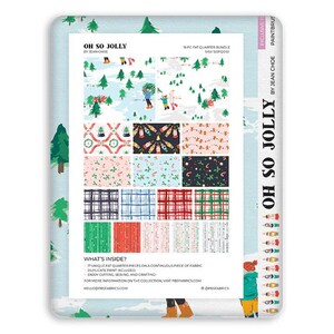 May include: A fabric bundle titled "Oh So Jolly" by Jean Choe, featuring 17 unique fat quarter pieces. The design includes winter scenes, Christmas trees, and various patterns in red, green, and blue. The bundle is ideal for cutting, sewing, and crafting.