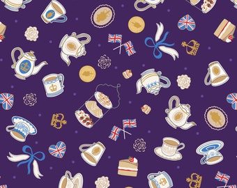 May include: A purple background with a repeating pattern of teacups, teapots, cakes, crowns, coins, and British flags. The pattern is in a cartoon style with a white outline.