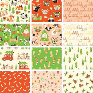 May include: A set of 10 fabric patterns featuring various holiday themes. The patterns include dogs, cats, Christmas trees, stockings, bones, and holiday greetings. The patterns are in a variety of colors, including red, green, white, and pink.
