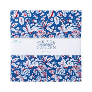May include: A blue fabric square with a white and red floral pattern. The fabric has the text "FREEDOM GARDEN" in a white circle with a red border.