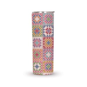 May include: A tall, stainless steel tumbler with a colorful patchwork design. The pattern features squares of various colors, including pink, orange, green, and blue, resembling a crocheted blanket. The tumbler has a silver lid and is designed to keep drinks cold.