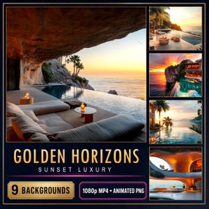 Luxe geanimeerde video-achtergronden met zonsondergangthema, 9-pack 1080p MP4 + PNG — Golden Horizons
