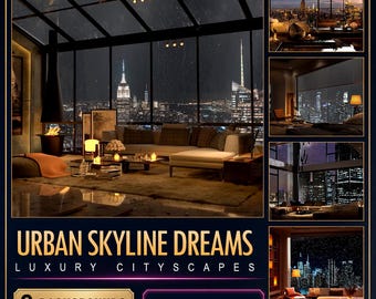 Op de afbeelding: Een digitale collectie getiteld URBAN SKYLINE DREAMS LUXURY CITYSCAPES met 9 achtergronden in 1080p MP4 en geanimeerde PNG-formaten. De beelden tonen diverse interieurs met kamerhoge ramen die uitkijken op verlichte stadssilhouetten bij nacht, inclusief uitzichten op wolkenkrabbers en stedelijke omgevingen.
