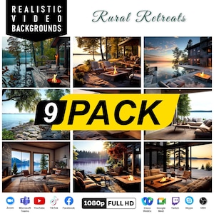 May include: A 9-pack of 1080p full HD video backgrounds featuring rural retreats. The backgrounds show various scenes of lakeside cabins with fire pits, patios, and lush greenery. The text "Rural Retreats" is displayed at the top of the image.