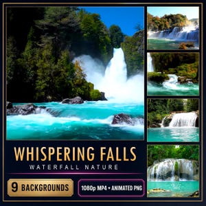 Fondos de vídeo animados de cascadas y naturaleza, paquete de 9 archivos MP4 + PNG en 1080p — Whispering Falls