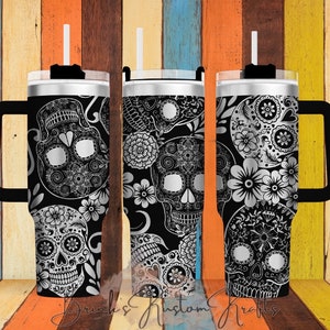 40 oz Tumbler with Handle - Sugar Skull and Roses Full Wrap Pattern