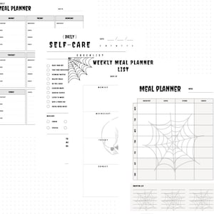 May include: A printable weekly meal planner and self-care checklist with a Halloween theme. The planner features a spiderweb design and the checklist includes items like "Make your bed" and "Drink a power nap".