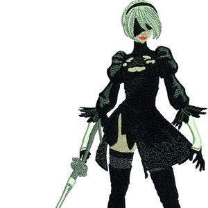 Pode incluir: Design bordado de uma personagem feminina em um vestido preto com gola alta, luvas pretas e botas até a coxa. A personagem tem cabelo curto e claro e uma venda. Ela segura uma espada verde clara.