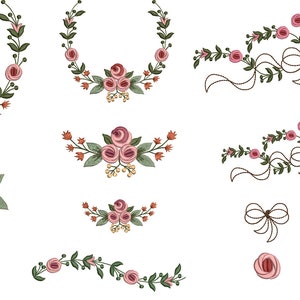 Puede incluir: Un conjunto de 10 diseños de bordado con guirnaldas florales, bordes y lazos. Los diseños están en tonos de rosa, verde y marrón.