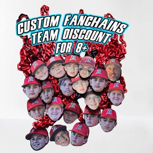 May include: A collection of headshot cutouts of young people wearing red baseball caps, arranged around a red chain. The text "CUSTOM FANCHAINS TEAM DISCOUNT FOR 8+" is displayed in a blue and white banner at the top.