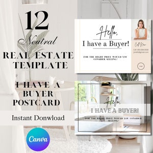 12 Tengo un comprador Postales de agente inmobiliario para agricultura + Estoy pensando en comprar una postal / Editable, Canva, Descarga instantánea, Obtener clientes potenciales, marketing,
