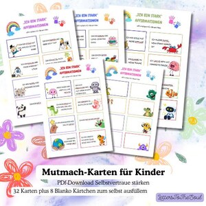 Könnte beinhalten: Eine Sammlung von Affirmationskarten für Kinder mit farbenfrohen Illustrationen von Zeichentrickfiguren, Regenbogen und Handabdrücken. Die Karten tragen den deutschen Titel "Mutmach-Karten für Kinder" und den Satz "ICH BIN STARK AFFIRMATIONEN".