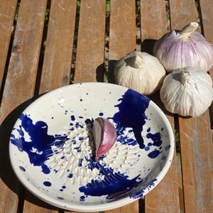 May include: A white ceramic garlic grater with blue paint splatters, a clove of garlic, and three whole garlic bulbs on a wooden table. The grater has a textured surface for grating garlic.