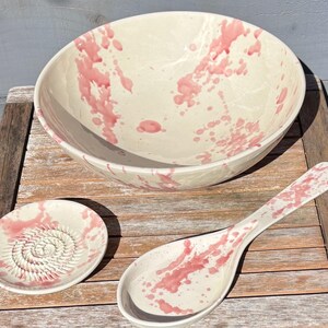 Large Spanish pink and white splatter salad bowl Fruit bowl, large handpainted serving bowl image 11