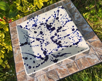 Spanish pottery square handpainted blue and white splatter plate. Canapé platter.