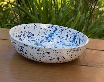Hand-Painted Spanish Large Ceramic Garlic Grater Bowl 23cm Blue Splatter Pattern | Mediterranean Kitchen Tool handmade in Spain