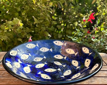 Spanish pottery handpainted bowl. Blue and white fish bowl