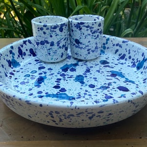 Handmade Spanish Olive Bowl with 2 pots attached for pots and sticks | Ceramic Mediterranean Snack Bowl | Hand Painted Pottery