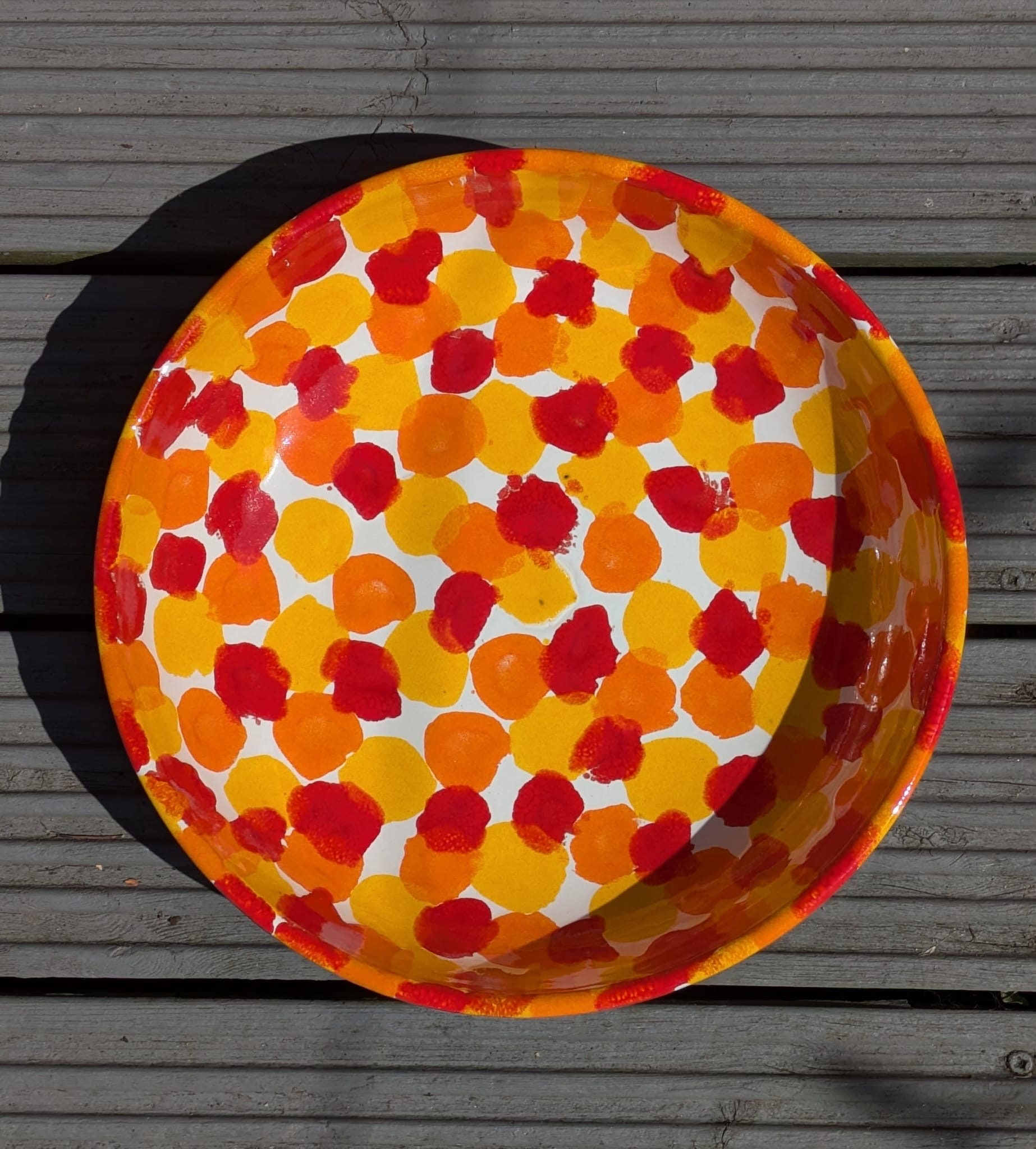 Olive Plate with Mini Bowl. Handmade and Hand Painted in Cordoba, Spain ( Orange Plate with Red Circle and Red Rim, Olive Pattern. 6