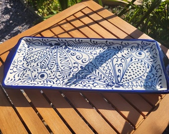 Spanish pottery platter - rectangular handpainted blue and white serving plate, canapé plate, dinner party serving plate.