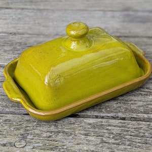 Green butter dish. Spanish pottery hand dipped lime green butter dish.