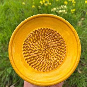 Puede incluir: Un plato rallador circular de cer&aacute;mica amarilla con un patr&oacute;n de espiral texturizado y elevado en el centro. La superficie tiene un acabado liso y brillante con un borde definido, dise&ntilde;ado para rallar alimentos contra las crestas.