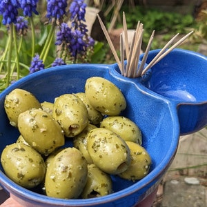 Spanish Pottery blue glazed olive bowl with space for sticks and stones.