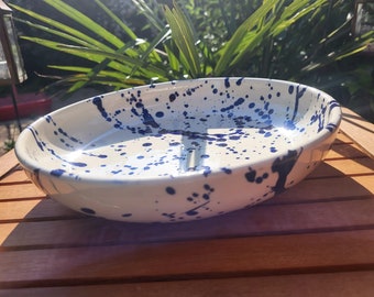 Spanish pottery handpainted serving bowl. Blue and white splatter bowl