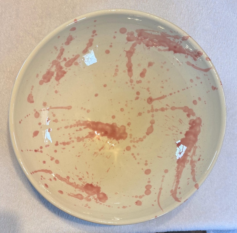 Large Spanish pink and white splatter salad bowl Fruit bowl, large handpainted serving bowl image 7