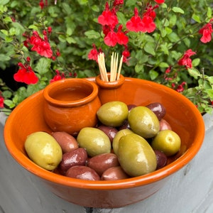 Spanish terracotta serving olive bowl with space for sticks and stones