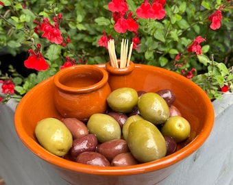 Spanish terracotta serving olive bowl with space for sticks and stones