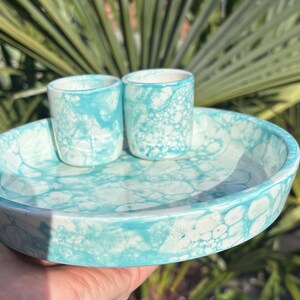 Spanish Pottery Turquoise Bubbles Hand-Painted Olive Bowl | Ceramic Serving Dish with Built-in Pit & Pick Holders | Unique Hostess Gift