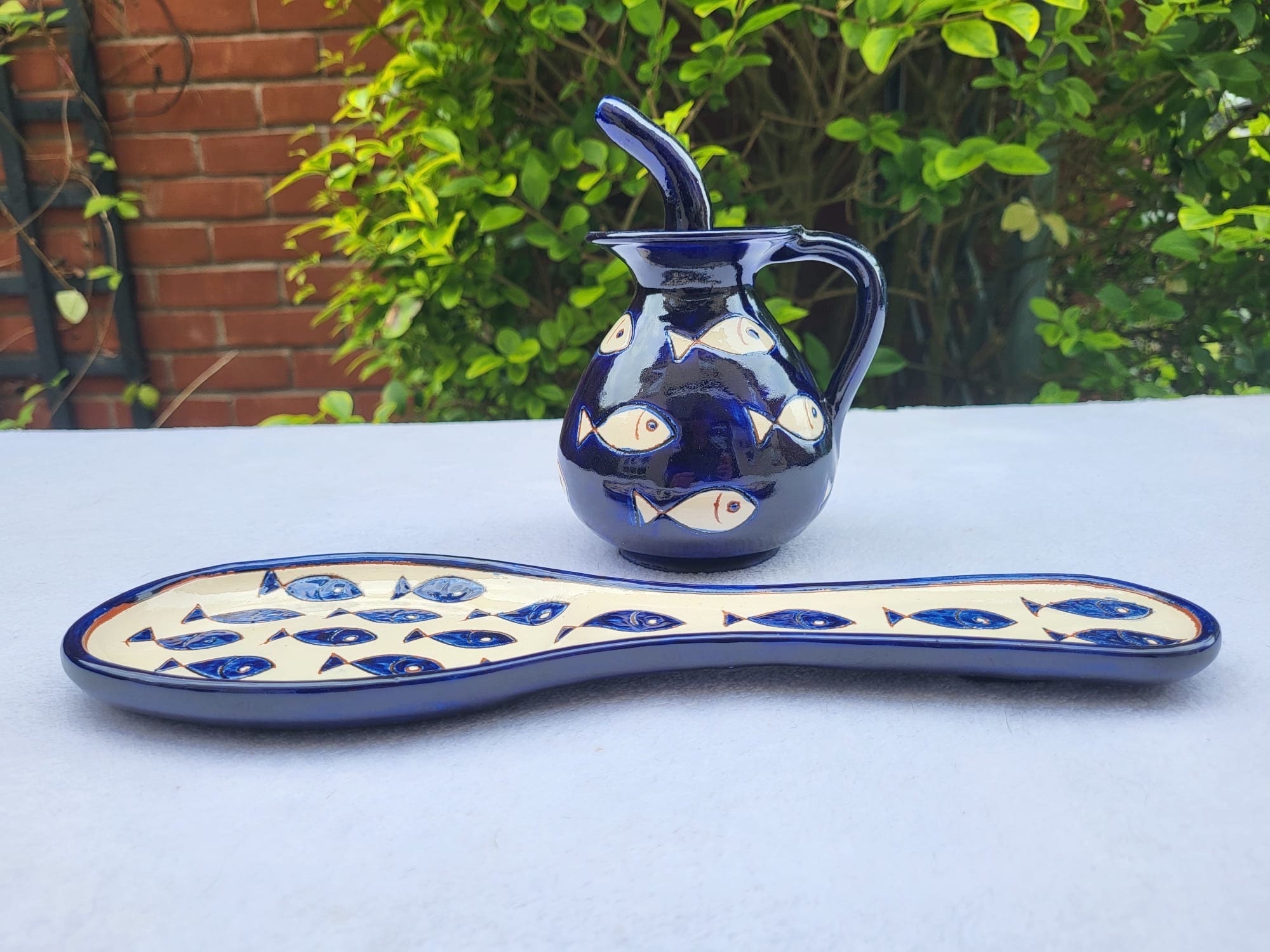Polish Pottery Blue Butterfly Spoon Rest - Handmade Ceramic 9.5" Spoon Rest, Microwave & Dishwasher Safe