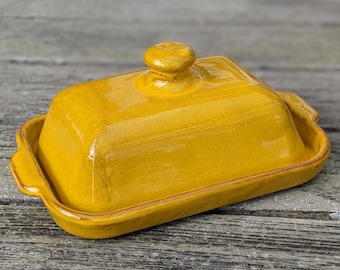 Yellow butter dish - Spanish pottery ceramic butter dish.