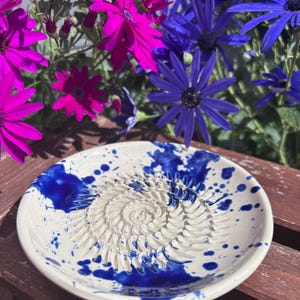 May include: A white ceramic grater with a spiral design and blue paint splatters. The grater is round and sits on a wooden surface, with vibrant pink and blue flowers in the background.