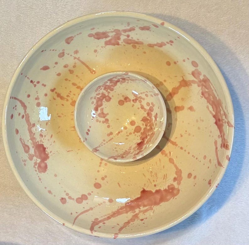 Large Spanish pink and white splatter salad bowl Fruit bowl, large handpainted serving bowl image 9