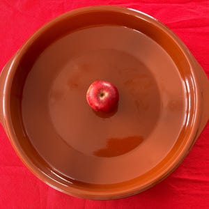 May include: A large, round, terracotta-coloured ceramic baking dish with integrated side handles. The dish features a smooth, glazed interior surface and contains a single, small, bright red apple placed directly in the centre of the basin.