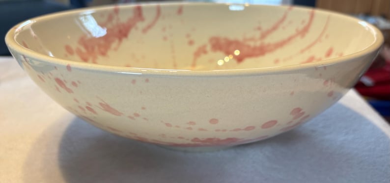 Large Spanish pink and white splatter salad bowl Fruit bowl, large handpainted serving bowl image 5