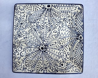 Spanish pottery square canapé platter. Square handpainted blue and white plate