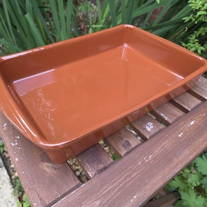 May include: A terracotta-coloured rectangular baking dish with rounded edges. The empty dish sits on a wooden slatted surface, with greenery in the background. The dish is designed for baking.