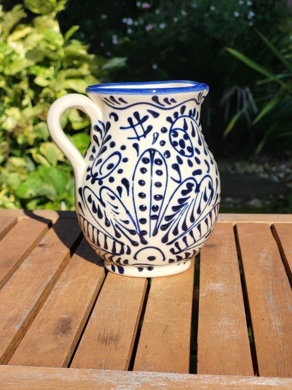 Handpainted small jug - Spanish pottery small handmade jug or vase. Blue and white floral pattern