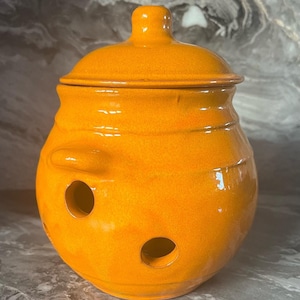 May include: A bright orange ceramic onion keeper with a lid and holes for ventilation.