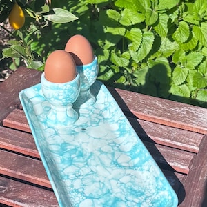May include: A light blue ceramic egg tray with two egg cups, each holding a brown egg. The tray has a marbled pattern. The rectangular tray sits on a wooden surface, with green foliage in the background.