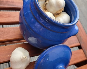 Spanish Pottery Glazed blue garlic jar